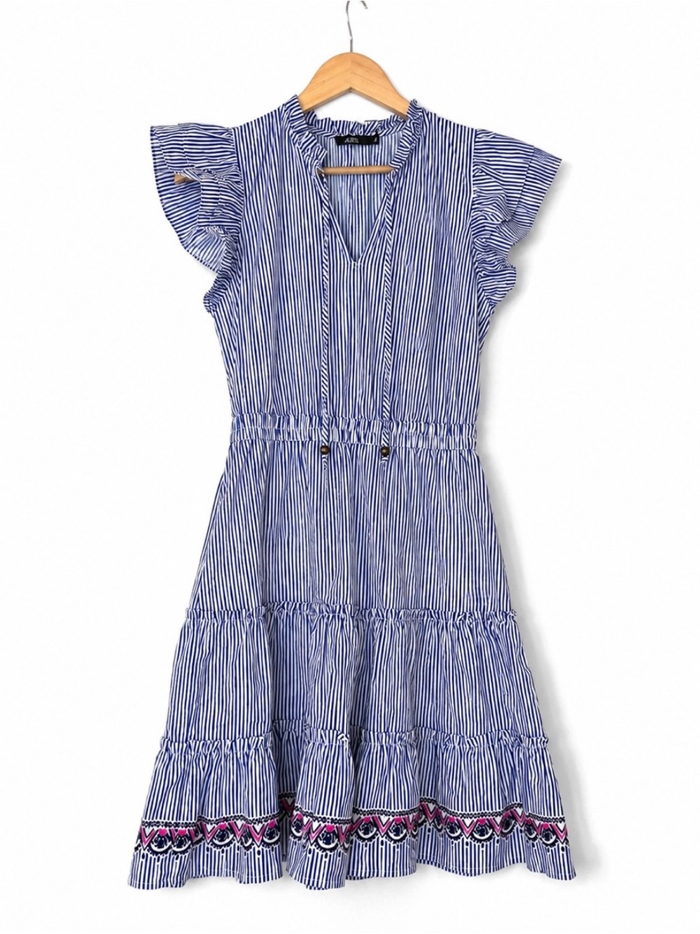 Aryeh Blue & White Striped Tiered Ruffle Dress – Size Small